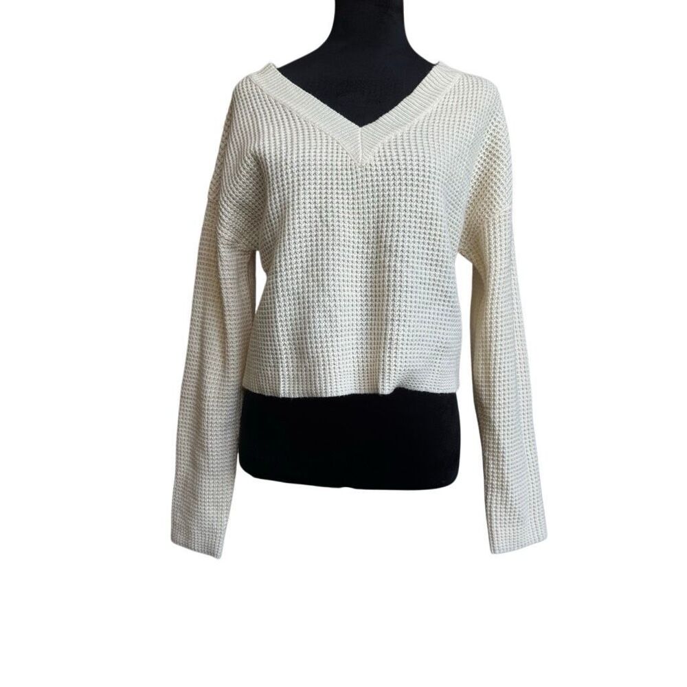 Mirol Cream Waffle Knit Cropped Sweater Women’s Small V-Neck Long Sleeve Cozy